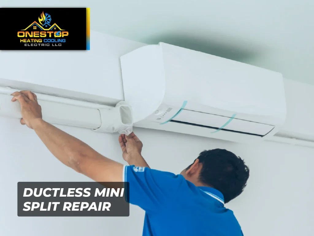 Technician repairing ductless mini split air conditioner — OneStop Heating Cooling Electric.