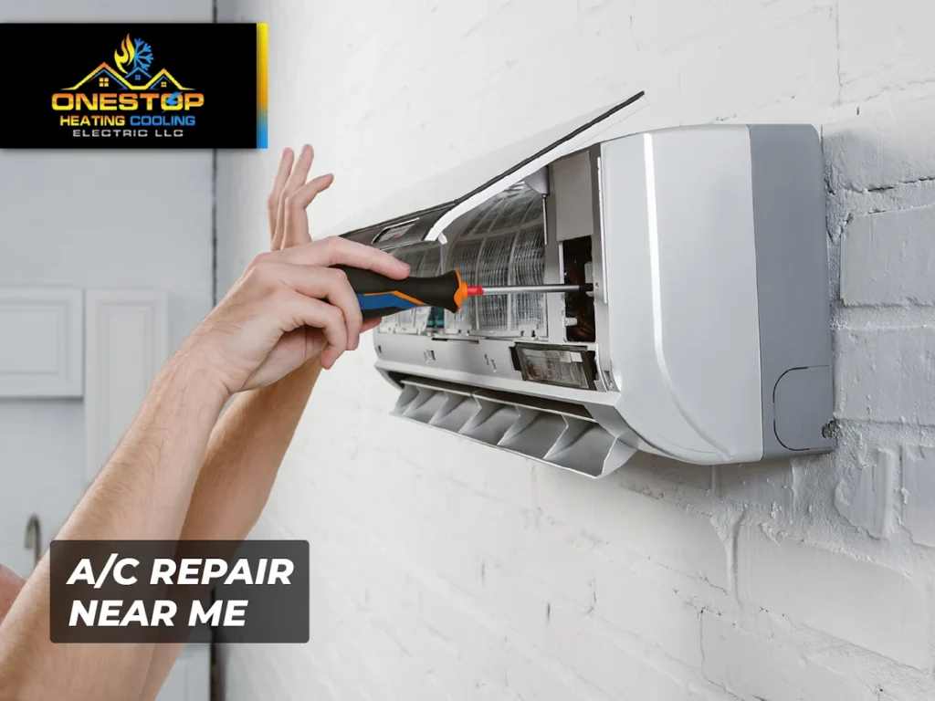 Technician repairing air conditioner with a screwdriver — OneStop Heating Cooling Electric, Mountlake A/C Repair Services.