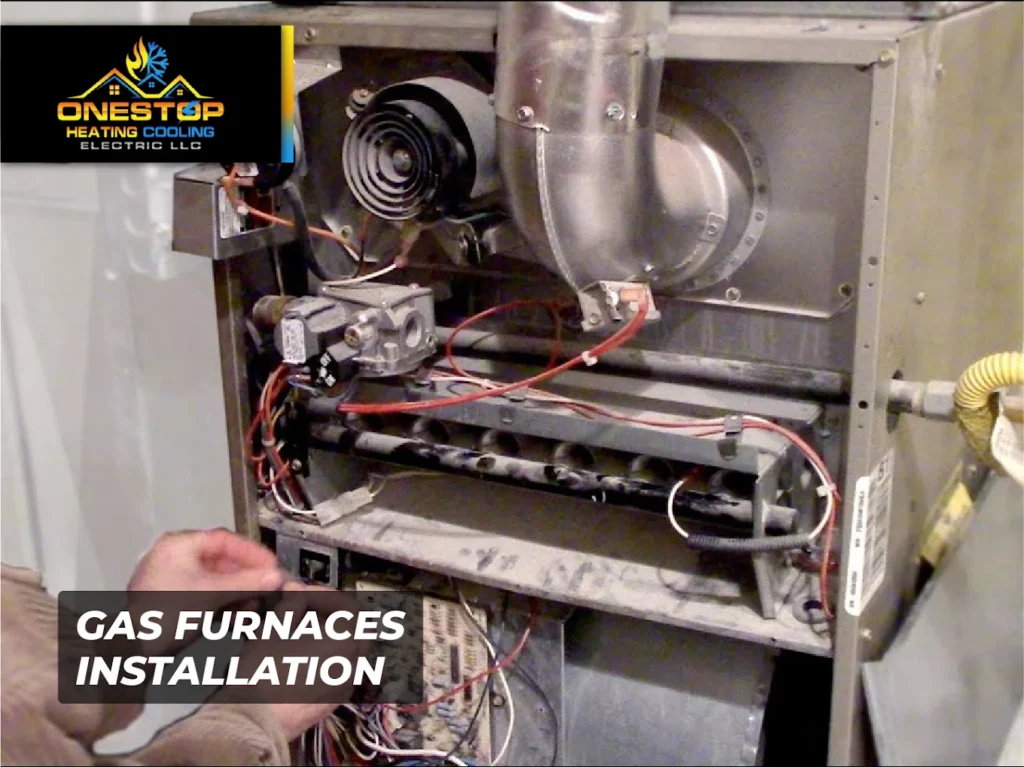 Technician performing gas furnace installation for residential HVAC system.