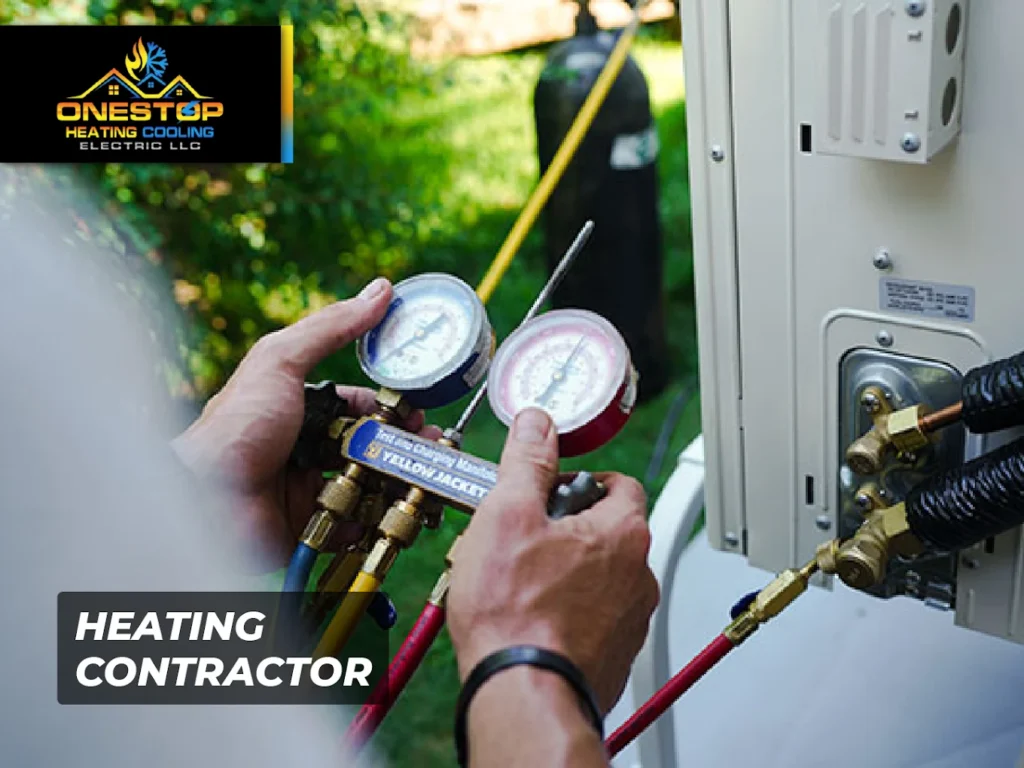 HVAC technician checking pressure gauges during heating system maintenance.