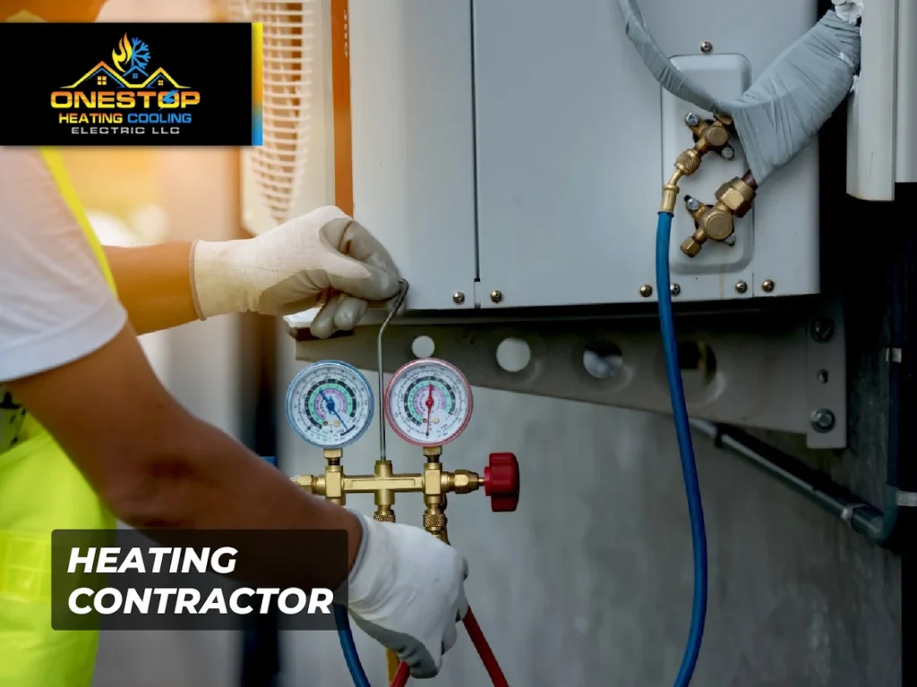 HVAC technician in safety gear checking refrigerant pressure on heating system.